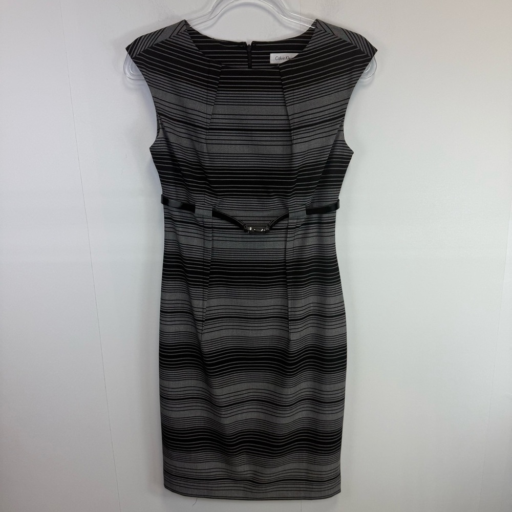 Calvin Klein Black Gray Striped Sheath Dress Size 2 Office wear Career